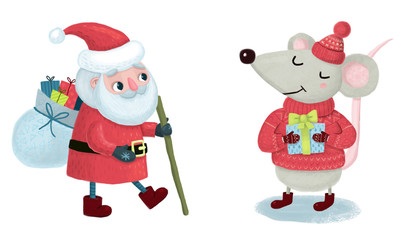 Christmas set. Cute baby Santa Claus with a bag of gifts and a cane in his hand. A mouse in a knitted sweater and hat with a gift box in his hands. Isolated on a white