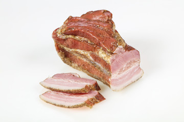 Smoked pork meat over white background