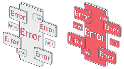 Vector, isometric mobile screen with error, alarm and hazard notification.. Error on red screen mobile. Horizontal, white background. Isolated flat.