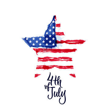 Happy 4th of July, USA Independence Day. Hand drawn calligraphy lettering, american watercolor flag. Vector illustration