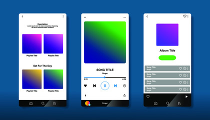 Social media network inspired by Spotify. Music player interface by subscription. Profile, Album, Song, Playlist mockup. Black apple music screen. Vector illustration.