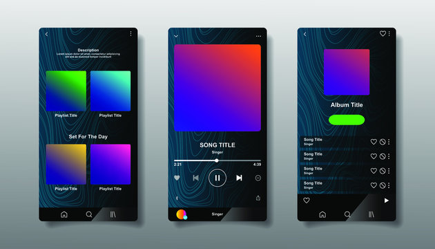 Social Media Network Inspired By Spotify. Music Player Interface By Subscription. Profile, Album, Song, Playlist Mockup. Black Apple Music Screen. Vector Illustration.