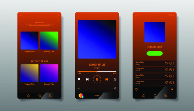 Social Media Network Inspired By Spotify. Music Player Interface By Subscription. Profile, Album, Song, Playlist Mockup. Black Apple Music Screen. Vector Illustration.