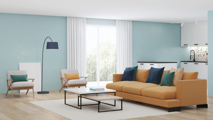 Modern bedroom interior with blue walls and a yellow sofa. Neo Memphis style interior. 3D rendering.