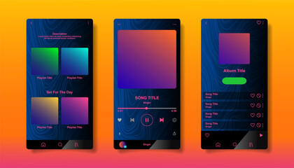 Social media network inspired by Spotify. Music player interface by subscription. Profile, Album, Song, Playlist mockup. Black apple music screen. Vector illustration.