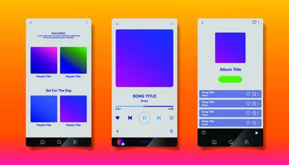 Social media network inspired by Spotify. Music player interface by subscription. Profile, Album, Song, Playlist mockup. Black apple music screen. Vector illustration.