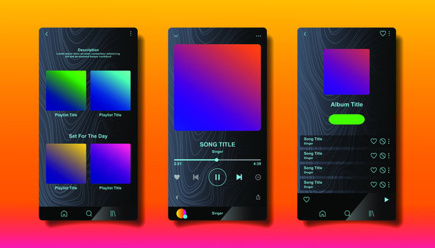 Social Media Network Inspired By Spotify. Music Player Interface By Subscription. Profile, Album, Song, Playlist Mockup. Black Apple Music Screen. Vector Illustration.