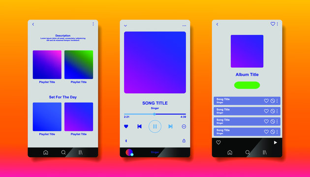 Social Media Network Inspired By Spotify. Music Player Interface By Subscription. Profile, Album, Song, Playlist Mockup. Black Apple Music Screen. Vector Illustration.