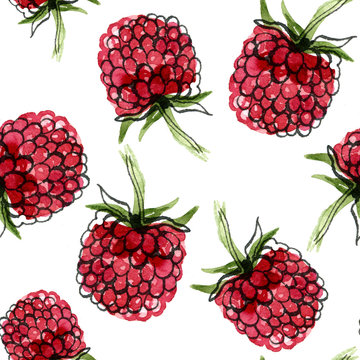 Bright illustration of raspberry. Hand drawn pattern isolated on white background.