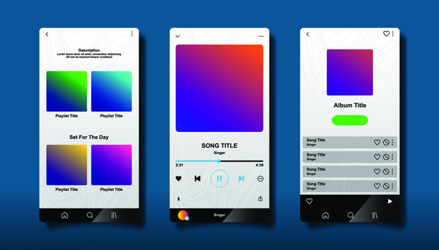 Social Media Network Inspired By Spotify. Music Player Interface By Subscription. Profile, Album, Song, Playlist Mockup. Black Apple Music Screen. Vector Illustration.