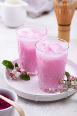 Pink matcha ice latte with milk