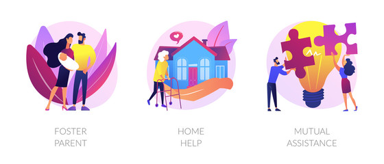 Caregiving and social support services metaphors. Foster parent, home help, mutual assistance. Child adoption, help with domestic chores abstract concept vector illustration set.