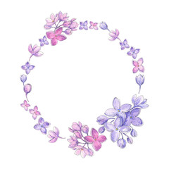 Fototapeta na wymiar Lilac blossom circle frame, violet wreath hand drawn in watercolor. Spring, summer floral design element for birthday, wedding, greeting cards, banners design. 