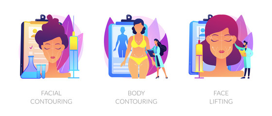 Cosmetological procedures, contour plastic, anaplasty, rejuvenation and weight loss. Facial contouring, body contouring, face lifting metaphors. Vector isolated concept metaphor illustrations.