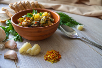 Pork stew. Dish of meat. Still life. Lunch break. Restaurant menu
