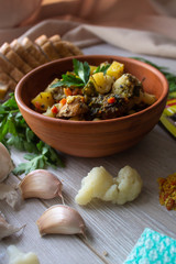 Pork stew. Dish of meat. Still life. Lunch break. Restaurant menu