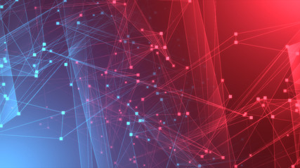 Abstract red blue polygon tech network with connect technology background. Abstract dots and lines texture background. 3d rendering.