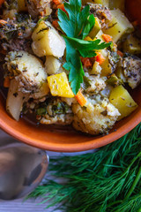 Pork stew. Dish of meat. Still life. Lunch break. Restaurant menu