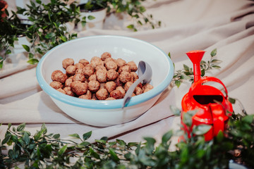 Bowl full with swedish traditional dish. Meat or soy meatballs.