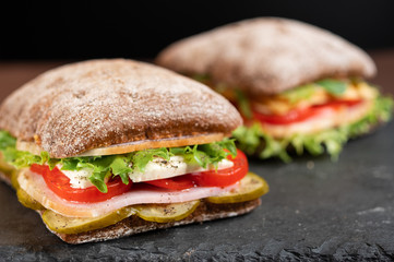 Two sandwiches with sausage, cheese and vegetables on a tray. Sandwiches made from rye wheat.