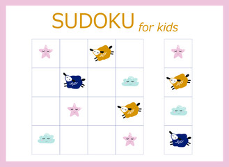 Sudoku for kids. Children's puzzles. Educational game for children. cartoon sheep, stars and moon