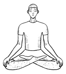 Young pretty man sitting in yoga lotus position. Meditation, activity, healthy lifestyle concept. Hand drawn vector illustration in simple, doodles style. Black contour drawing isolated on white.