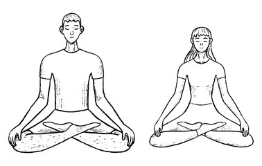 Young man and woman sitting in yoga lotus position. Meditation, activity, healthy lifestyle concept. Hand drawn vector illustration in simple, doodles style. Black contour drawing isolated on white.