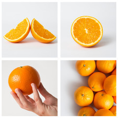 Whole and cut tasty oranges laying at desk isolated on white background. Hand holding orange. Citrus fruit and healthy food concept. Collage with four images