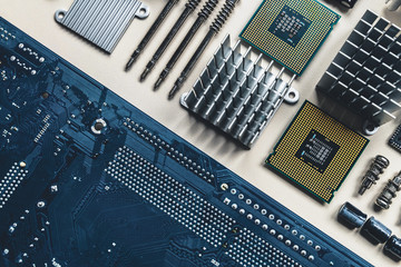 Top view of computer parts and components on white background with copy space. Top view, flat lay