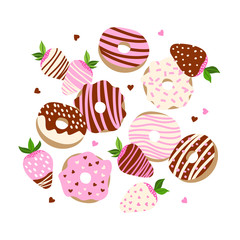 Vector set of donuts and strawberries with different tastes. Isolated on white. Strawberry, chocolate and vanilla tastes. Sweets illustration. Dessert set. Cartoon style.