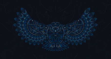 Owl digital art illustration. Authentic style picture, made in vector. Sharp-lined art. Strong bird looking fiercely.