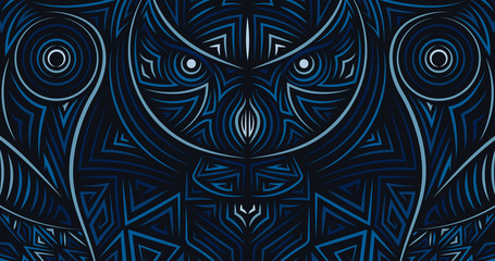 Owl head full screen digital art illustration. Authentic style picture, made in vector. Sharp-lined art. Strong bird looking fiercely.