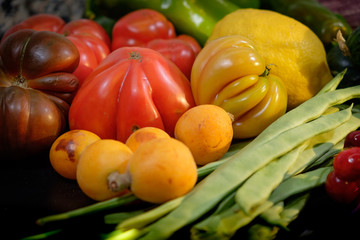 Fruit presentation with various colorful fresh fruits and vegetables