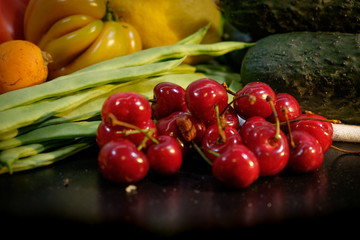 Fruit presentation with various colorful fresh fruits and vegetables