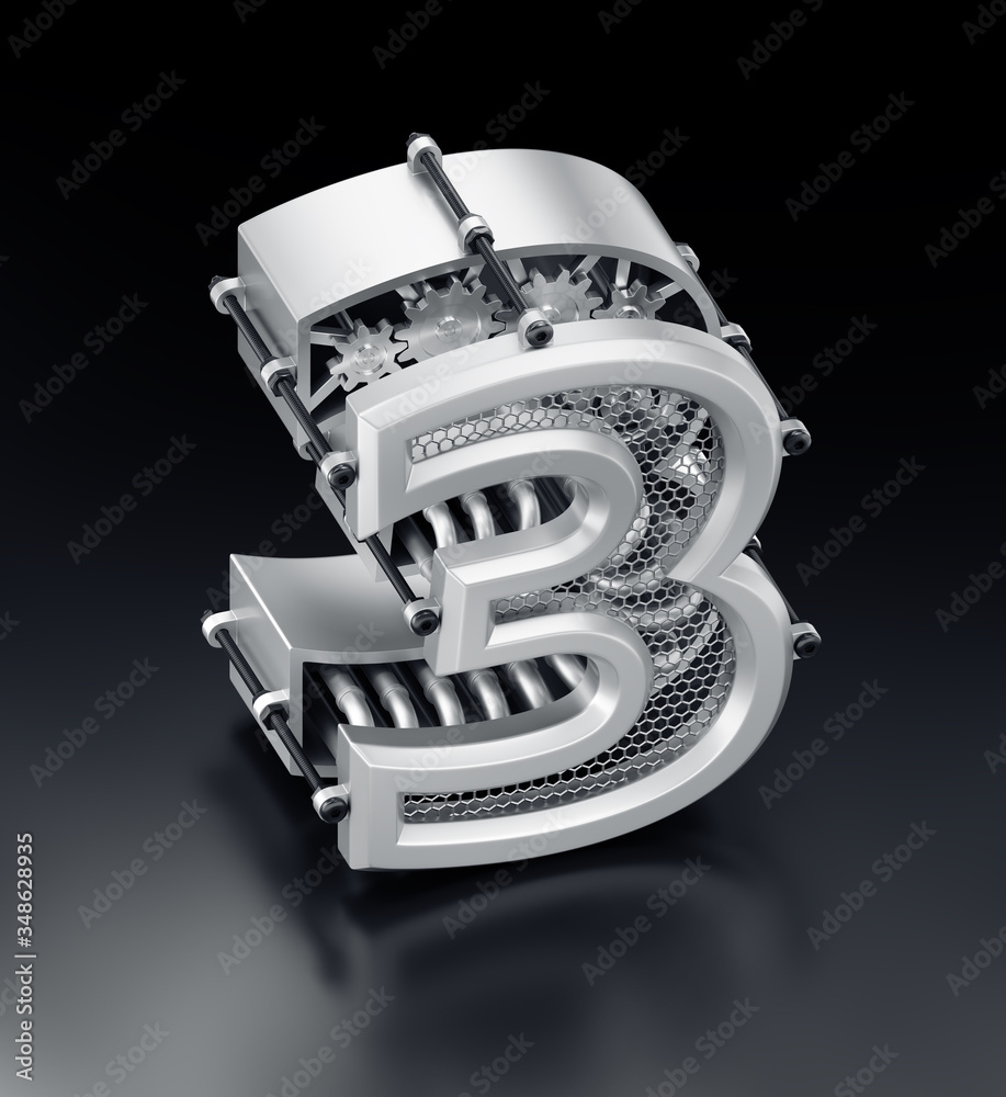 Fototapete the number three. orthographic view at designed in techno-style 3d digit which is assembled from mec