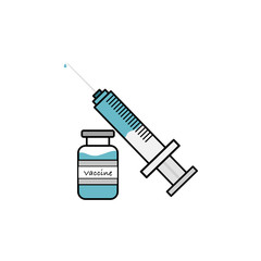 Syringe and vaccine bottle, flat design vector. blue tone.