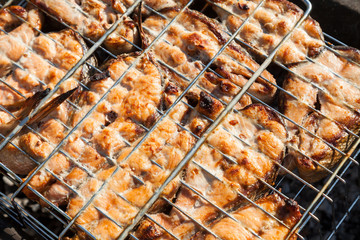 A close-up of browned red fish steaks grilled on a grill over an open fire - a mouth-watering healthy and rich omega seafood. A delicious quick dinner for the family.