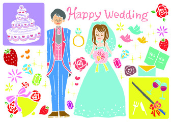ハッピーウェディングな新郎新婦のベクターイラストです。