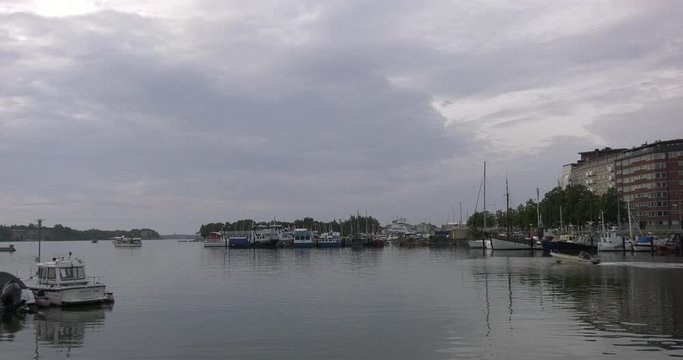 4K Helsinki Baltic Sea Finnish Bay lagoon, yachts, cruise liners view on cloudy summer day video in Finland, northern Europe
