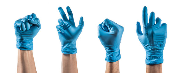 Varias manos con guantes de látex haciendo diferentes gestos.