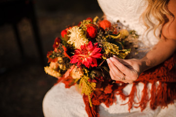 Original unusual autumn bridal bouquet with tangles of thread