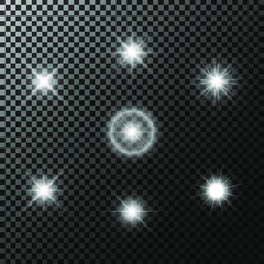 Glow stars set, lighting flare on the isolated background. Vector.