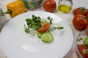 microgreen. Sprouts of vegetables sprouted from the seeds of plants. microgreen and vegetable salad on white