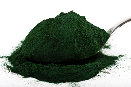 An isolated tablespoon of dried organic spirulina algae powder, on white or rustic background.