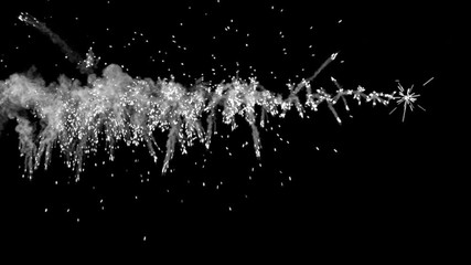 A series of shots striking in a line, and producing sparks and smoky trails. Yellow hues. Separated on pure black background, contains alpha channel.