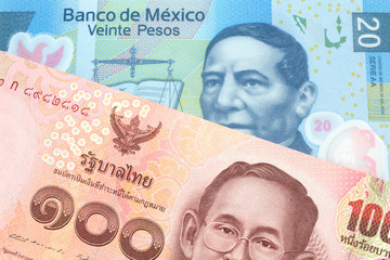 A red one hundred Thai baht along with a twenty peso note from Mexico, close up in macro