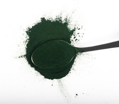 An isolated tablespoon of dried organic spirulina algae powder, on white or rustic background.