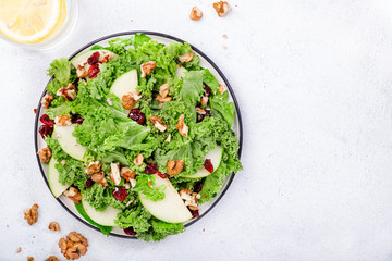 Kale salad with dried cranberry, green apples and walnuts. Healthy vegan food, top view, grey kitchen table background