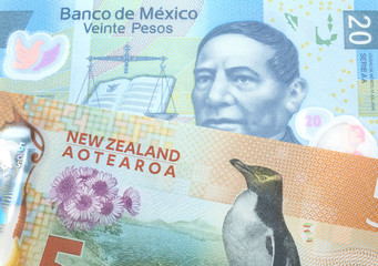 A colorful five dollar bill from New Zealand, close up in macro with a tweny Mexican peso bank note from Mexico