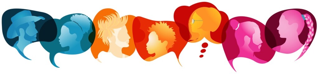 Crowd people talking. Diversity people.Multicultural population. Many multiethnic people who communicate speak and share ideas. Confusion and disorganization. Immigration.Speech bubble